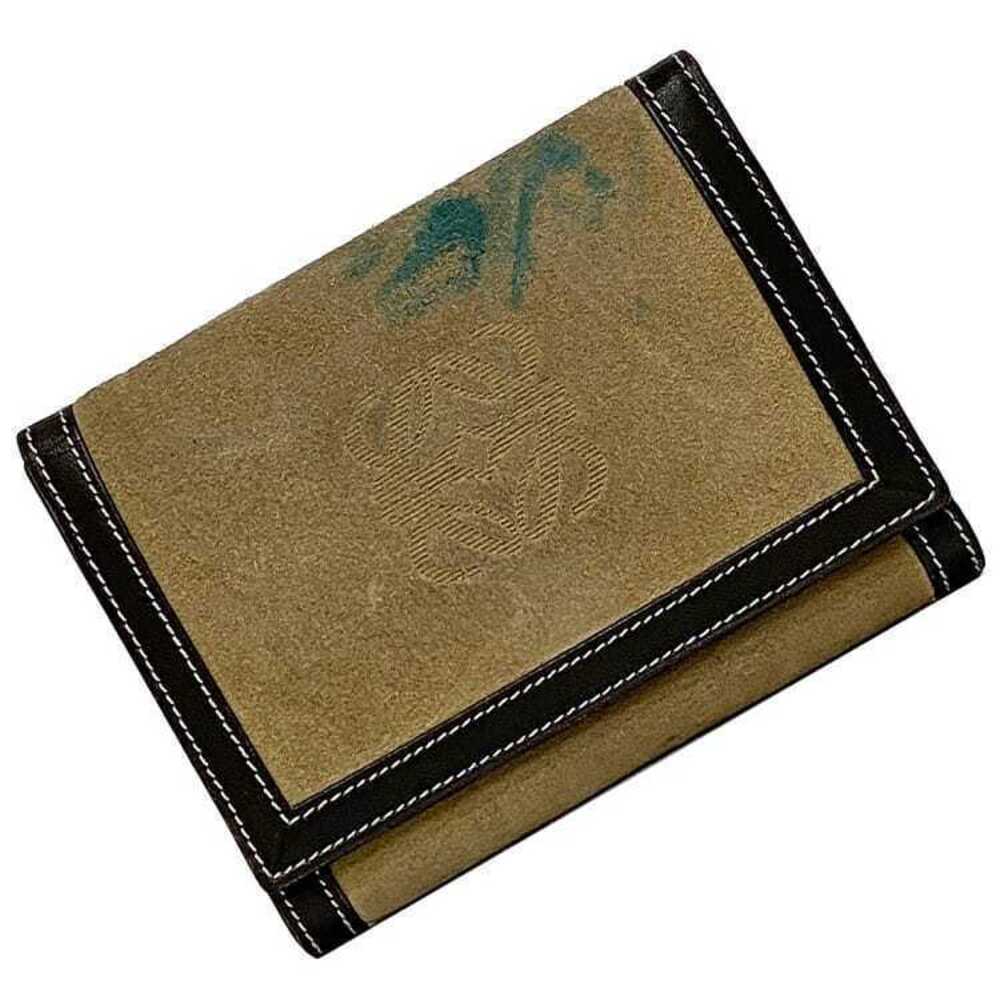 Loewe Trifold Wallet Anagram Compact Folding Suede Leather Zipper Beige Brown